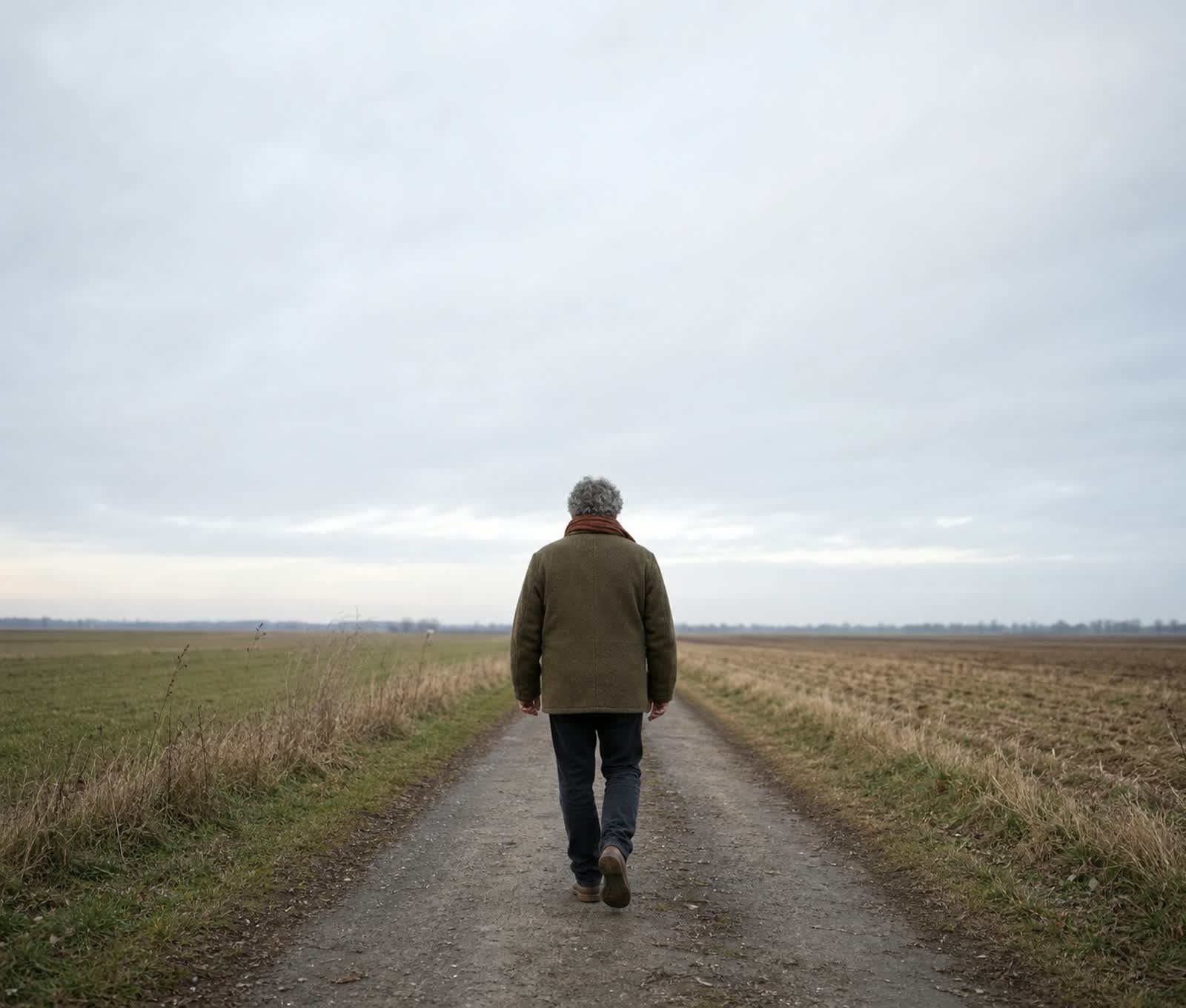 Symbolbild: Ein älterer Mann geht unter weitem Winterhimmel einen geraden Feldweg entlang, von hinten und in ruhiger Totalen